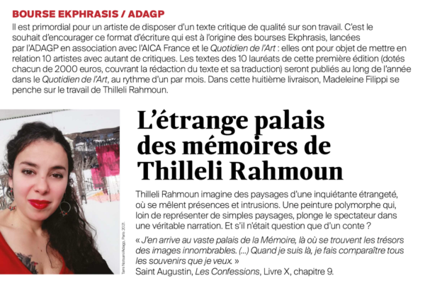 Bourse EKPHRASIS :  découvrez le texte de Madeleine FILIPPI sur le travail de Thilleli RAHMOUN