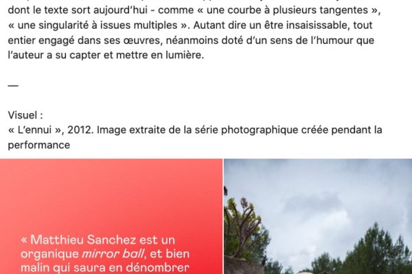 Notice pour Documents d’artistes Nouvelle-Aquitaine sur le travail de Matthieu Sanchez