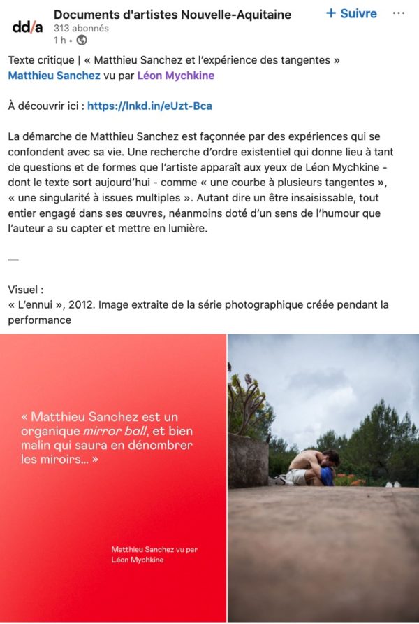 Notice pour Documents d’artistes Nouvelle-Aquitaine sur le travail de Matthieu Sanchez